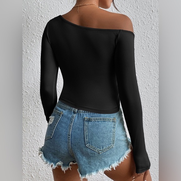 Asymmetrical Long Sleeve Side Tie Blouse - Picture 2 of 4